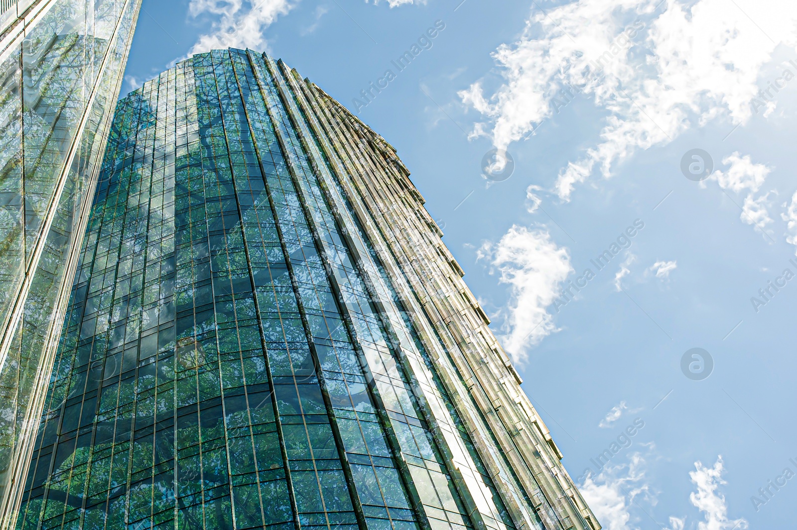 Modern skyscrapers and lush trees against blue sky, double exposure. Low angle view Image of Modern skyscrapers and lush trees against blue sky, double exposure. Low angle view