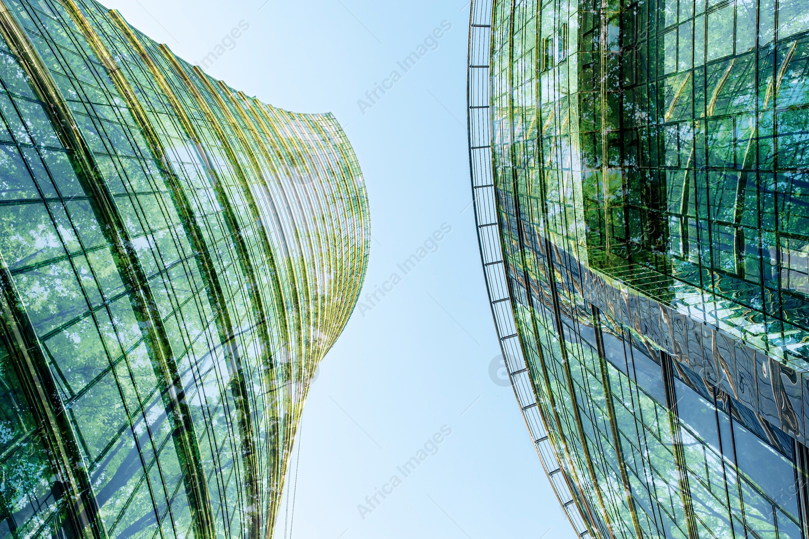Modern buildings and lush trees against blue sky, double exposure. View from below Image of Modern buildings and lush trees against blue sky, double exposure. View from below