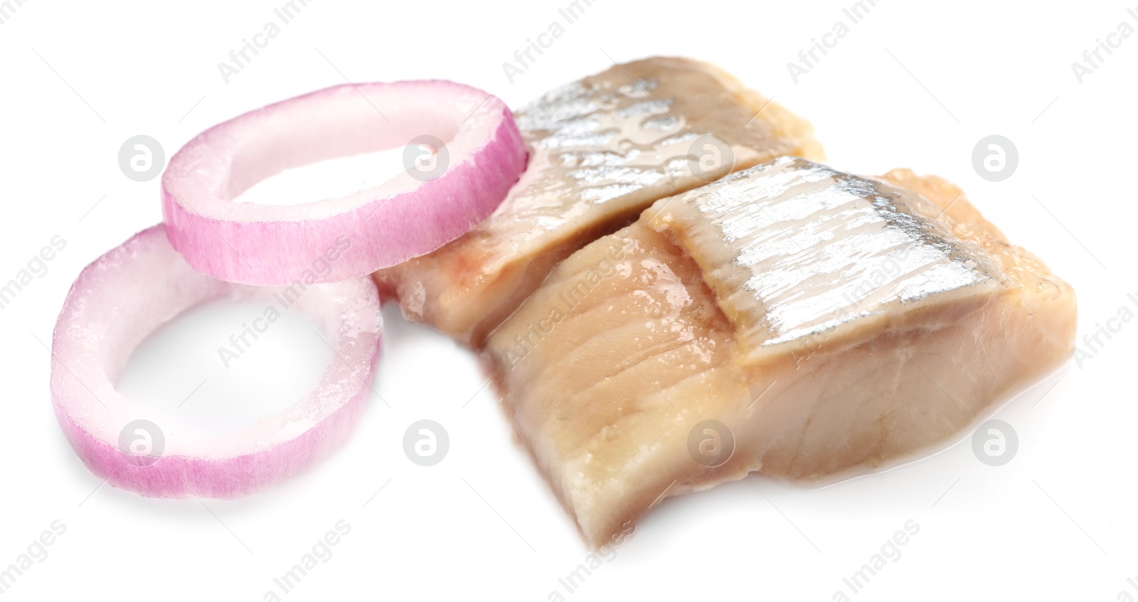 Pieces of delicious herring with onions isolated on white Photo of Pieces of delicious herring with onions isolated on white