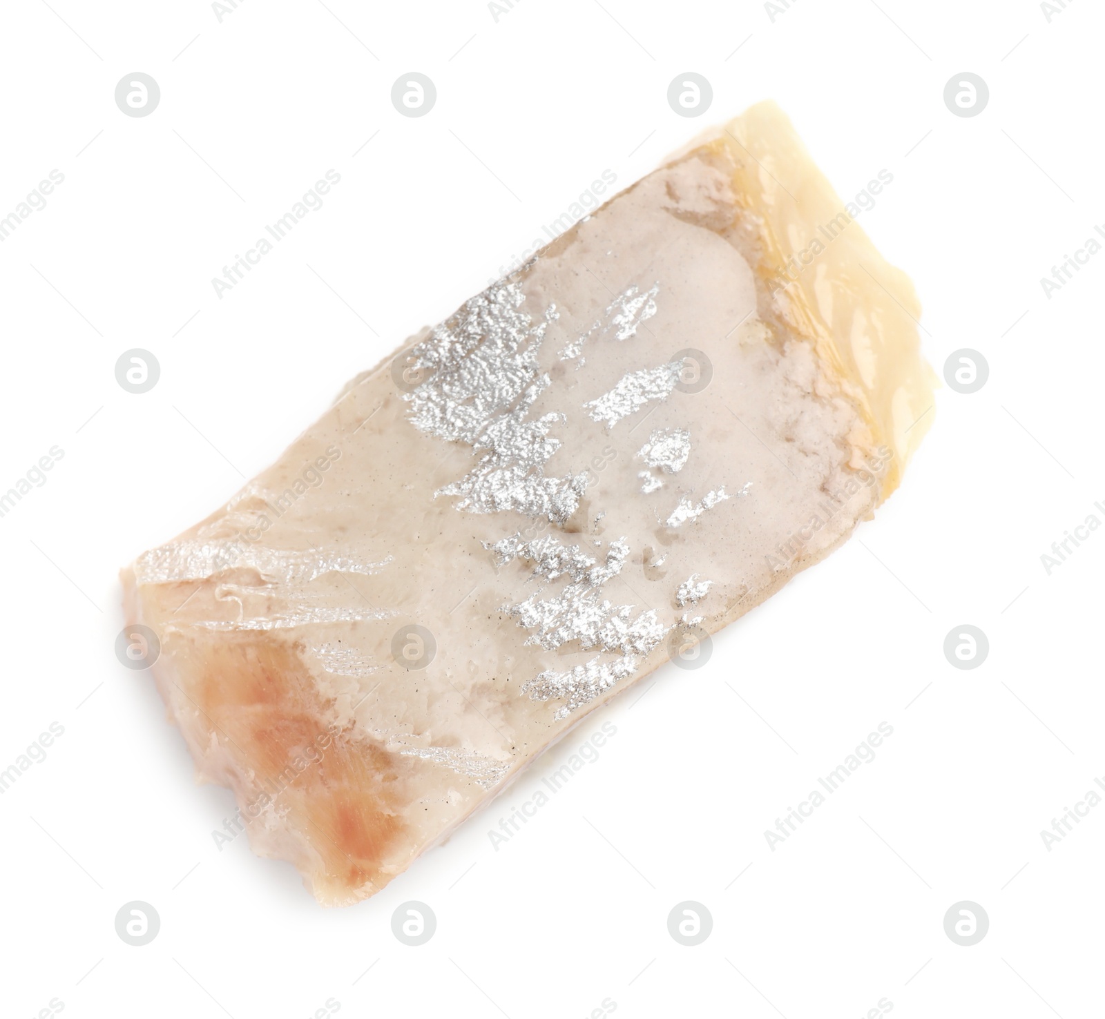 Piece of delicious herring isolated on white, top view Photo of Piece of delicious herring isolated on white, top view