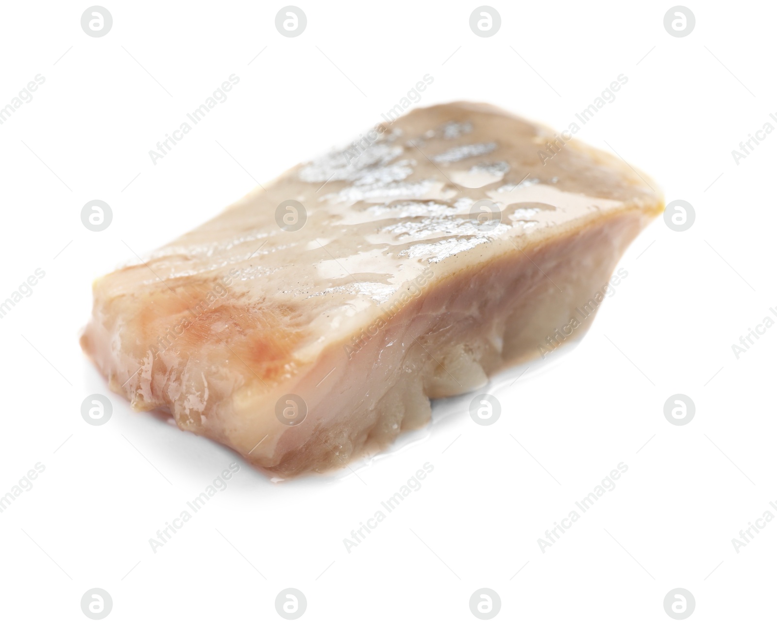 Piece of delicious herring isolated on white Photo of Piece of delicious herring isolated on white