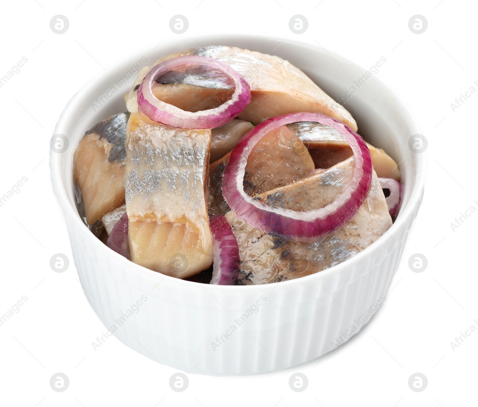 Pieces of delicious herring with onions isolated on white Photo of Pieces of delicious herring with onions isolated on white