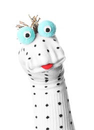 Photo of Funny sock puppet with tongue isolated on white