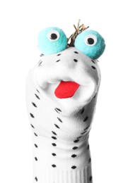 Photo of Funny sock puppet with tongue isolated on white