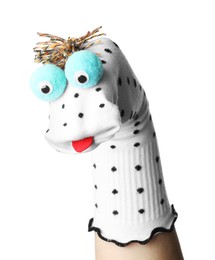 Photo of Cute sock puppet for show on hand against white background