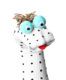 Photo of Funny sock puppet with tongue isolated on white