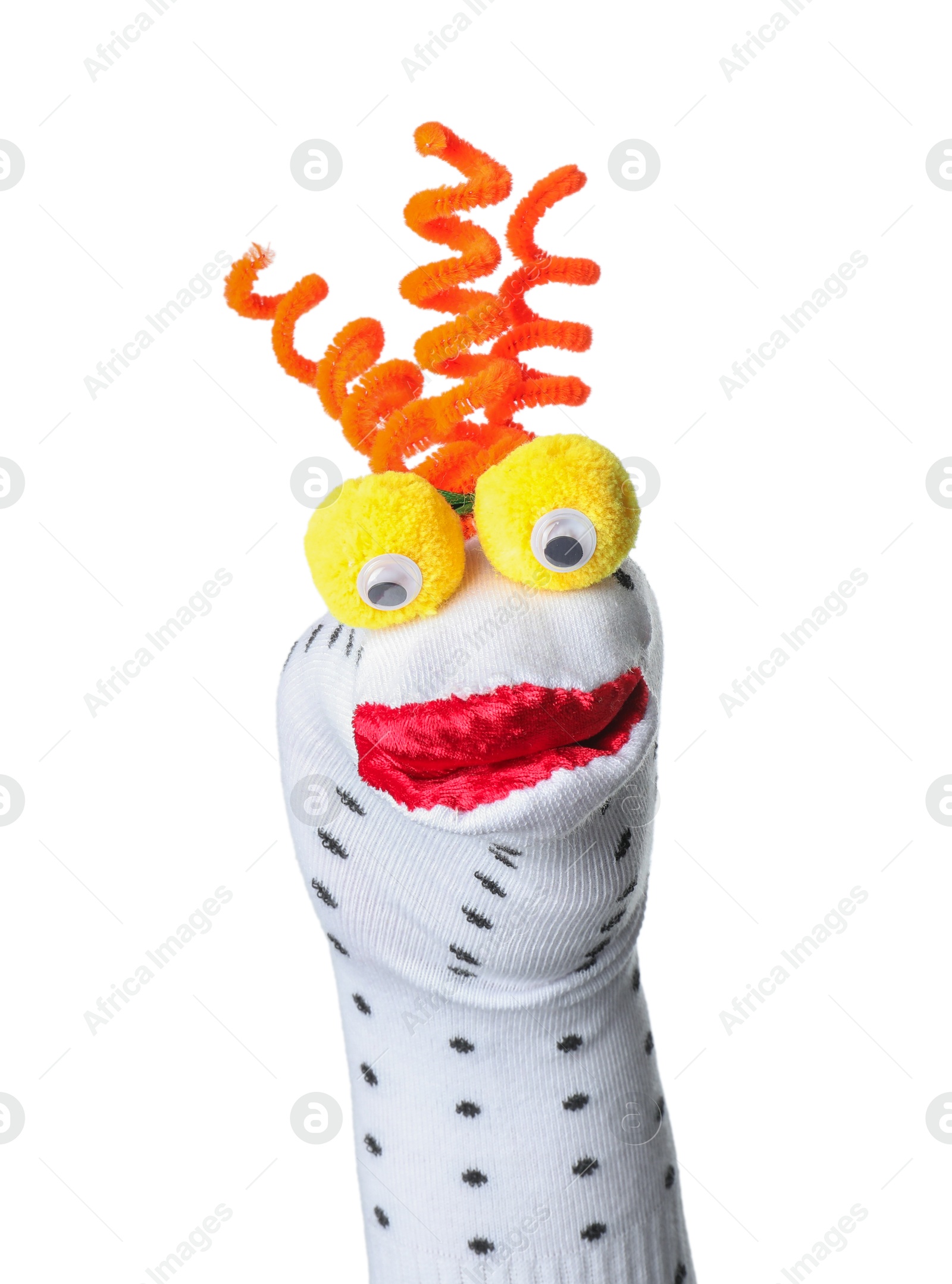 Funny sock puppet with hair isolated on white Photo of Funny sock puppet with hair isolated on white