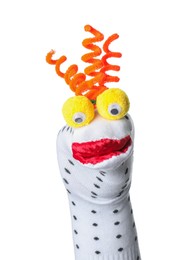 Photo of Funny sock puppet with hair isolated on white