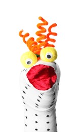 Photo of Funny sock puppet with hair isolated on white