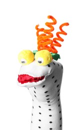 Photo of Funny sock puppet with hair isolated on white