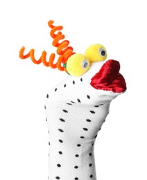 Photo of Funny sock puppet with hair isolated on white