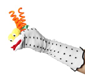 Photo of Cute sock puppet for show on hand against white background