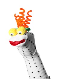 Photo of Funny sock puppet with hair isolated on white