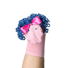 Photo of Cute sock puppet for show on hand against white background