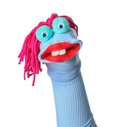 Photo of Funny sock puppet with hair isolated on white