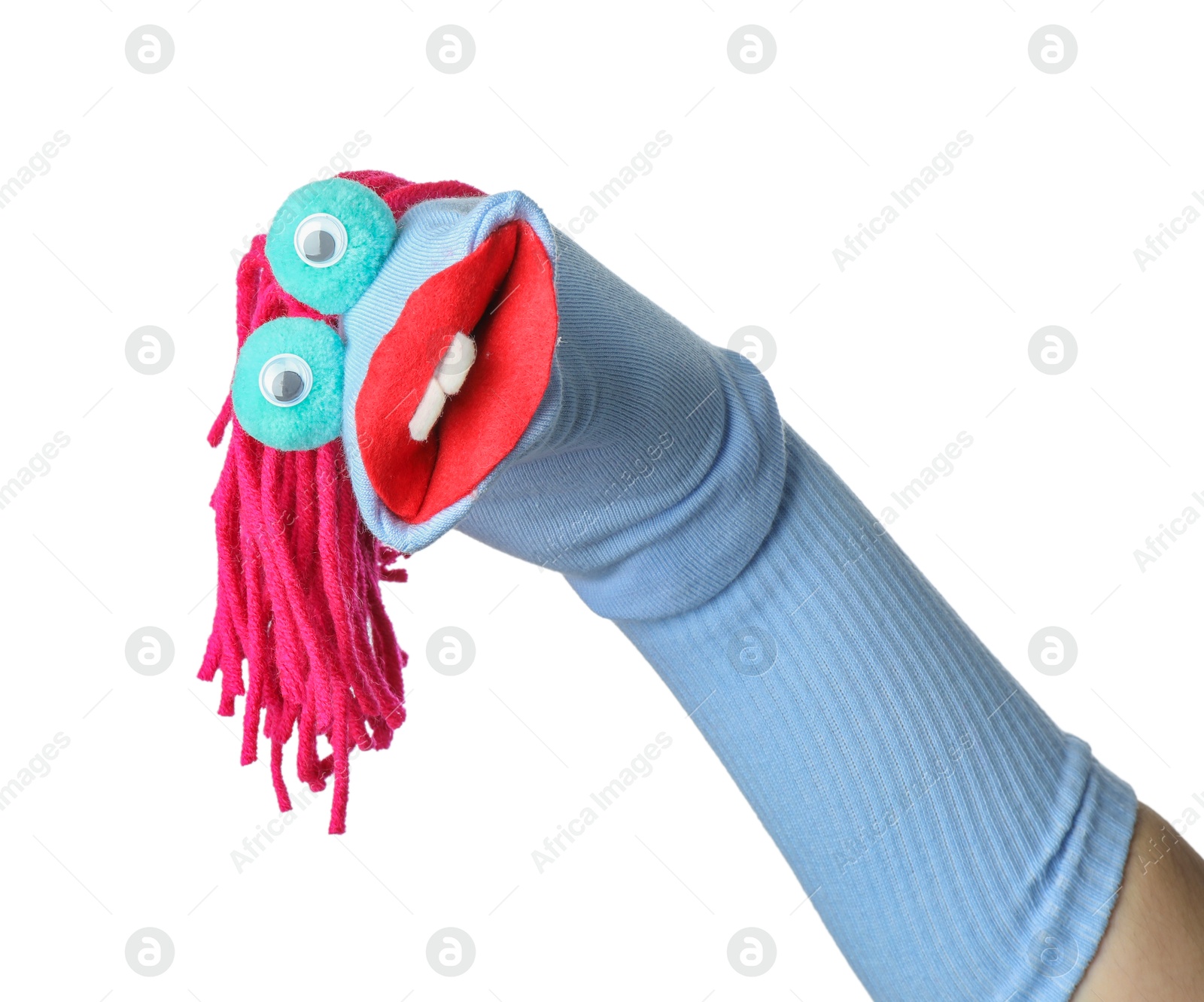 Cute sock puppet for show on hand against white background Photo of Cute sock puppet for show on hand against white background