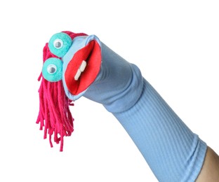 Photo of Cute sock puppet for show on hand against white background