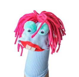 Photo of Funny sock puppet with hair isolated on white