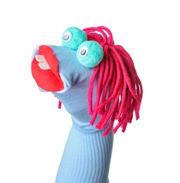 Photo of Funny sock puppet with hair isolated on white