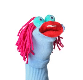 Photo of Funny sock puppet with hair isolated on white
