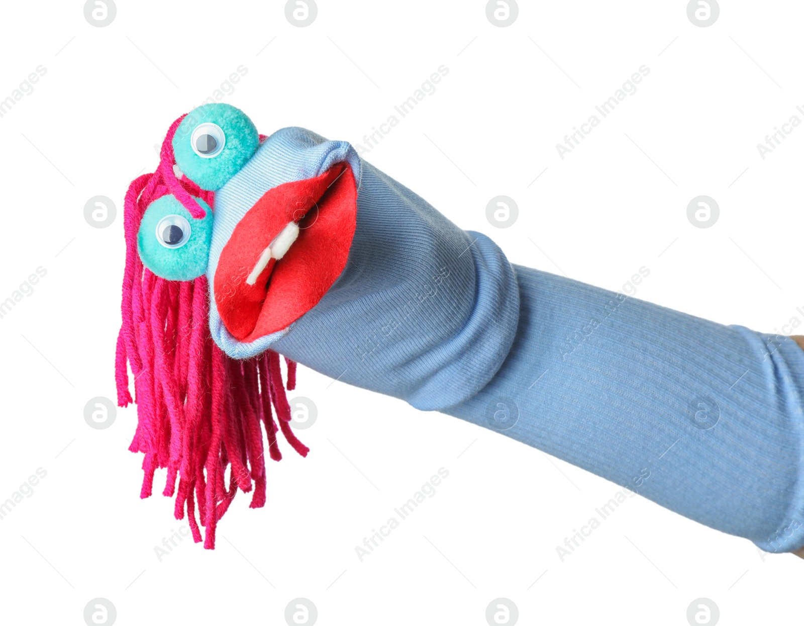 Funny sock puppet with hair isolated on white Photo of Funny sock puppet with hair isolated on white