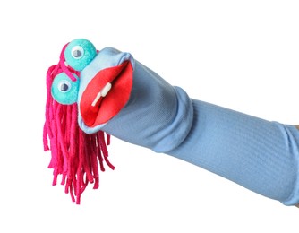 Photo of Funny sock puppet with hair isolated on white