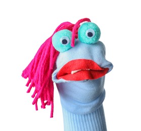 Photo of Funny sock puppet with hair isolated on white