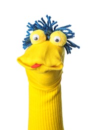 Photo of Funny sock puppet with hair isolated on white