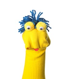 Photo of Funny sock puppet with hair isolated on white