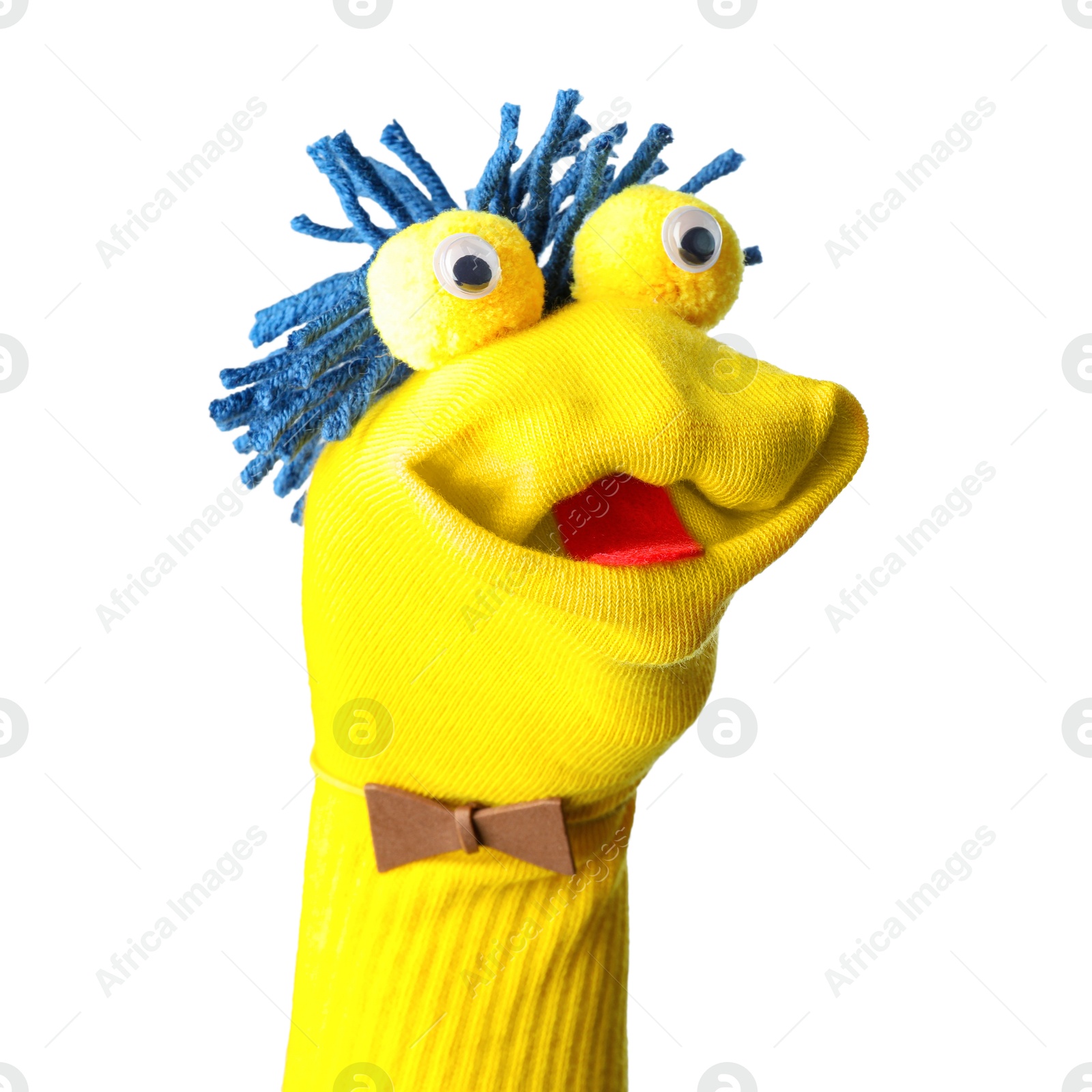Photo of Funny sock puppet with hair isolated on white