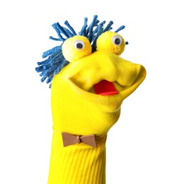 Photo of Funny sock puppet with hair isolated on white