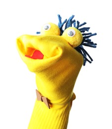 Photo of Funny sock puppet with hair isolated on white