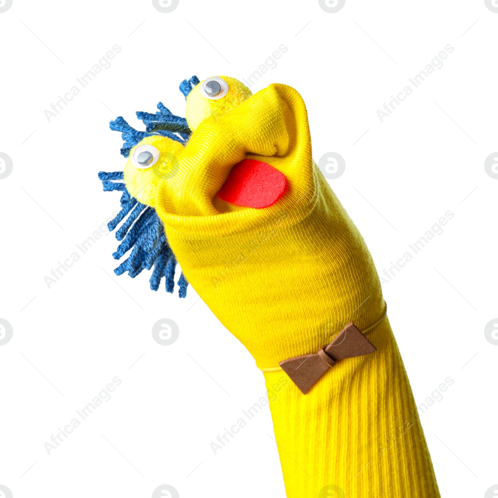 Funny sock puppet with hair isolated on white Photo of Funny sock puppet with hair isolated on white