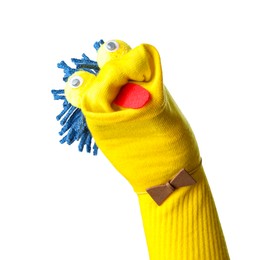 Photo of Funny sock puppet with hair isolated on white