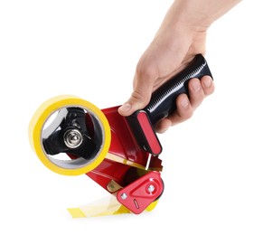 Photo of Man holding dispenser with adhesive tape on white background, closeup