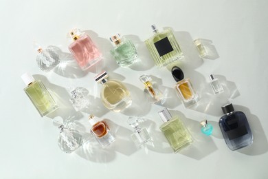 Photo of Bottles of various perfumes on light background, flat lay