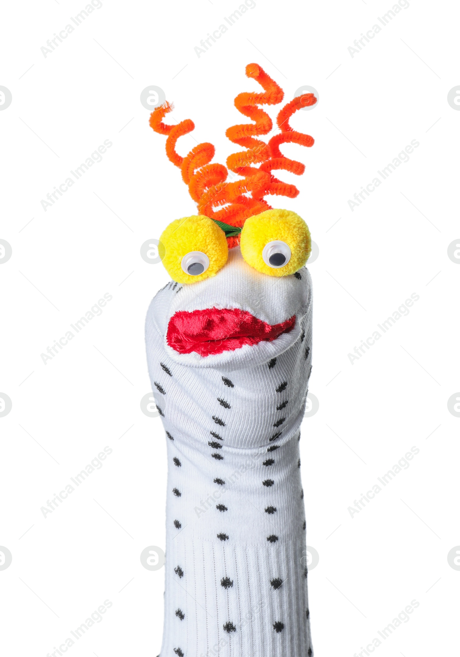 Funny sock puppet with hair isolated on white Photo of Funny sock puppet with hair isolated on white