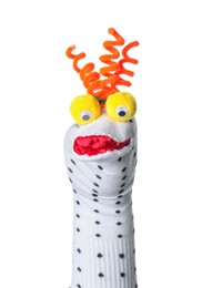 Photo of Funny sock puppet with hair isolated on white