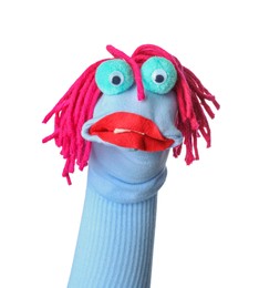Photo of Funny sock puppet with hair isolated on white