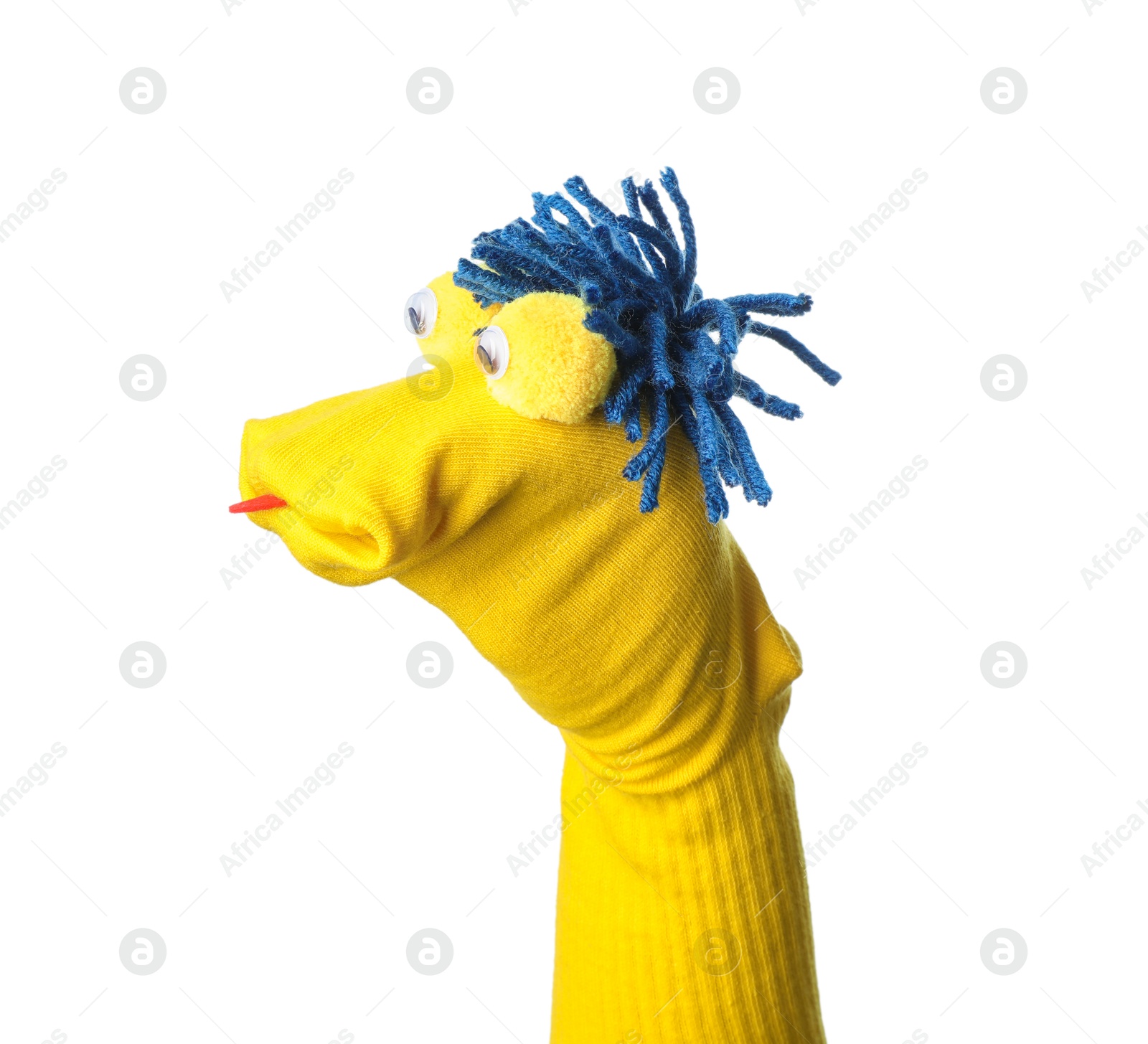 Photo of Funny sock puppet with hair isolated on white