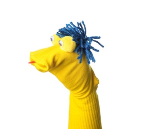 Photo of Funny sock puppet with hair isolated on white