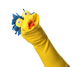 Photo of Funny sock puppet with hair isolated on white