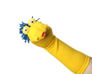 Photo of Cute sock puppet for show on hand against white background