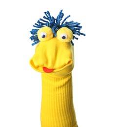 Photo of Funny sock puppet with hair isolated on white