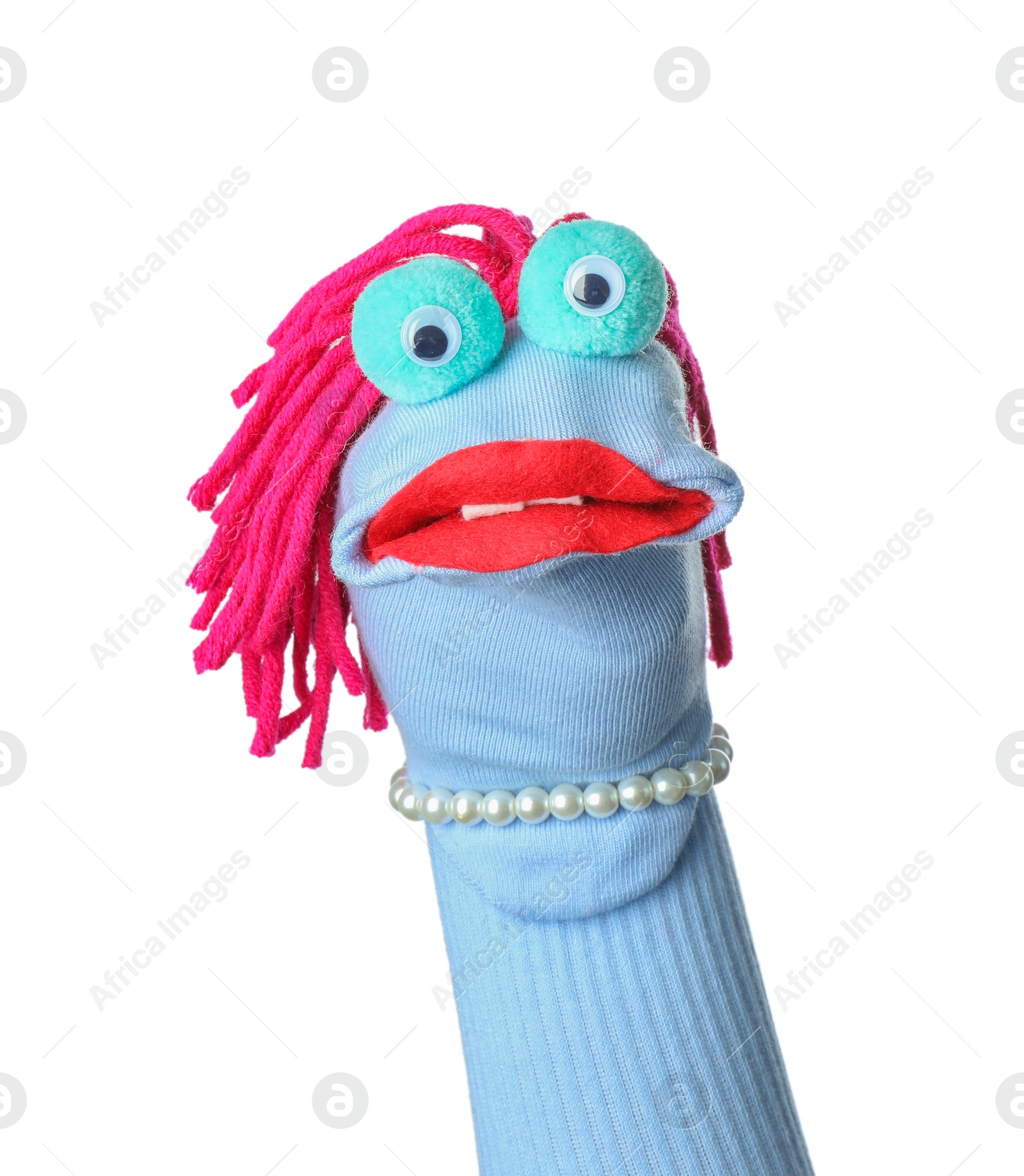 Funny sock puppet with hair isolated on white Photo of Funny sock puppet with hair isolated on white