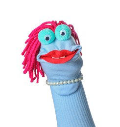Photo of Funny sock puppet with hair isolated on white