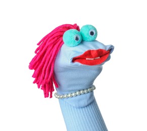 Photo of Funny sock puppet with hair isolated on white