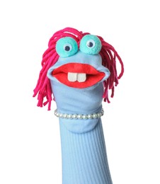 Photo of Funny sock puppet with hair isolated on white