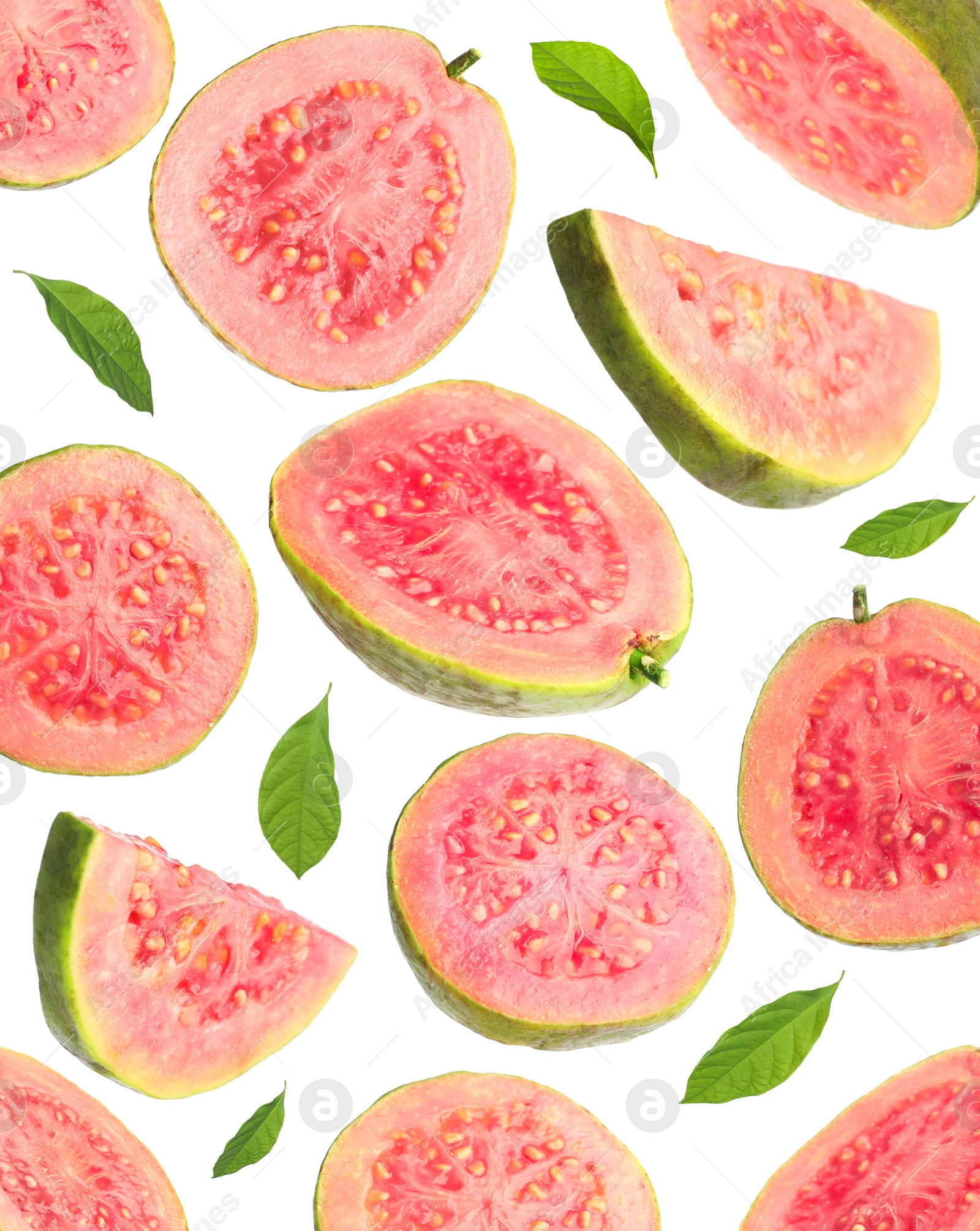 Fresh guavas. Pieces of fruits and leaves flying on white background Image of Fresh guavas. Pieces of fruits and leaves flying on white background