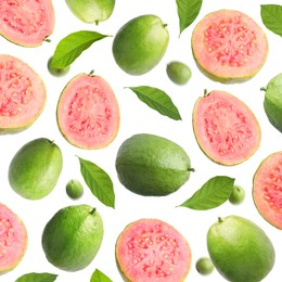 Image of Fresh guava fruits and leaves flying on white background